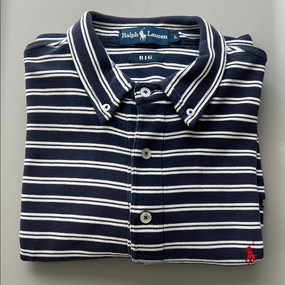 Ralph Lauren Pique Polo Navy/White Stripe Size Large Big & Tall * Flaw